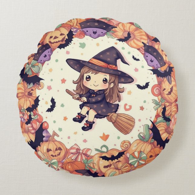 Little Witch with Pumpkins Round Pillow (Front)