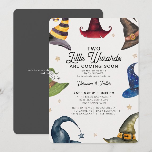 Little Wizards Twin Boy Grey Halloween Baby Shower Invitation (Front/Back)