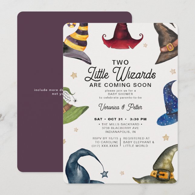 Little Wizards Twin Boys Halloween Baby Shower Invitation (Front/Back)