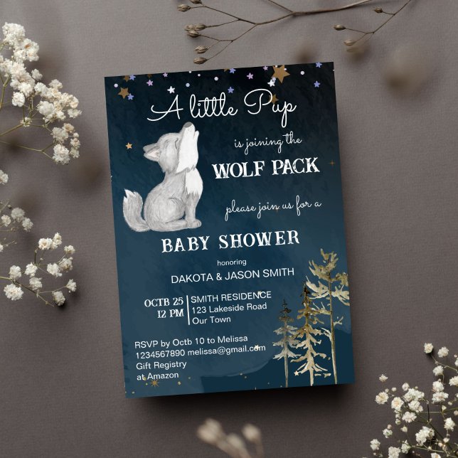 Little wolf themed baby shower invitation (Little wolf cute wold pup baby shower template invitation instant download dark starry night woodlan)