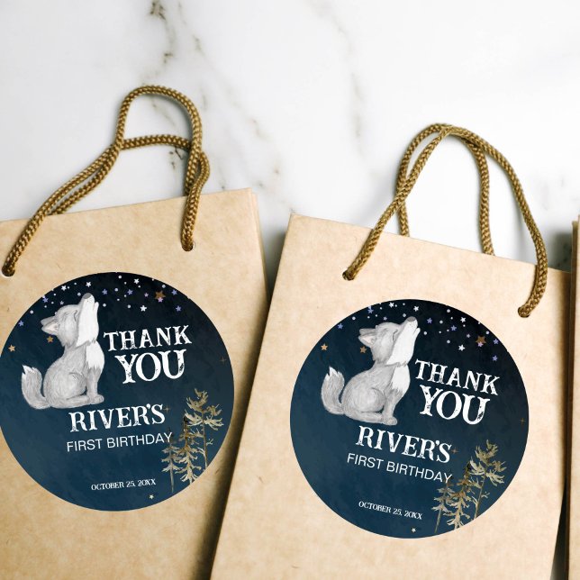 Little wolf themed birthday party favour thank you classic round sticker (Little wolf themed birthday party favor thank you sticker cute wolf pup wild one party favor gift)
