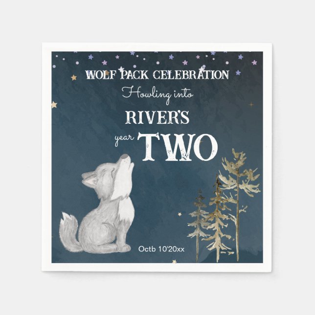 Little wolf themed birthday party printed napkin (Front)