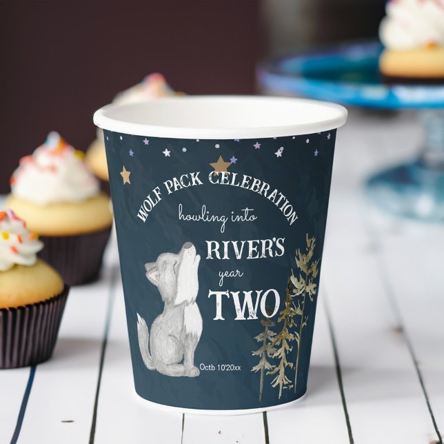 Little wolf themed birthday party printed paper cups (Howling into two Little wolf themed birthday party printed paper cups personalized tableware decor)