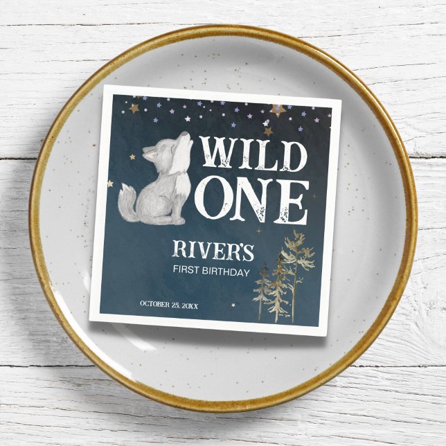 Little wolf themed birthday party wild one napkin (Little wolf pup wild one birthday party personalized napkins wolf themed birthday party supplies)