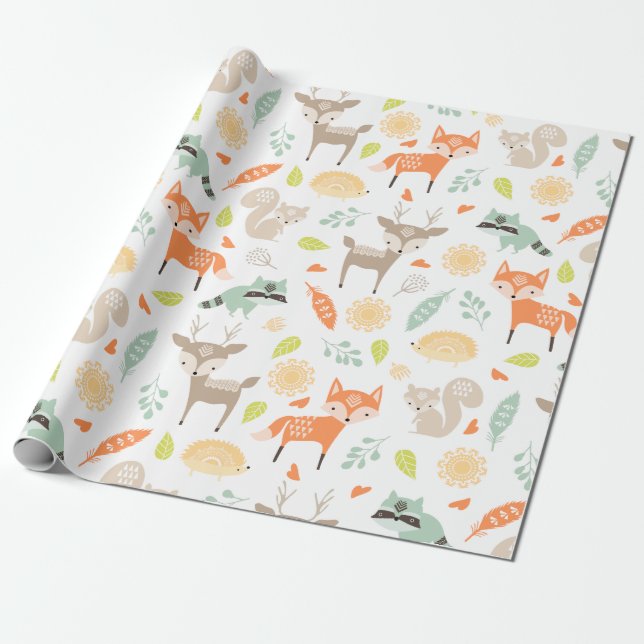 Little Woodland Animals on White Background Wrapping Paper (Unrolled)