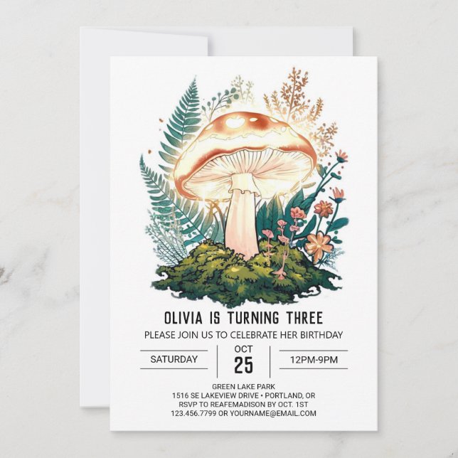 Little Woodland Digital Mushroom Birthday Invitation (Front)