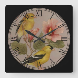 Little Yellow Birds Fine Art Roman Numeral Square Wall Clock