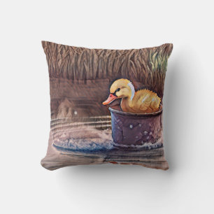 Little Yellow Duckling Playing In Bucket Cushion