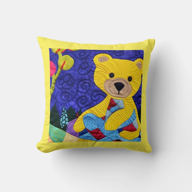Little Yellow Teddy Bear Quilt Like Design Cushion (Front)