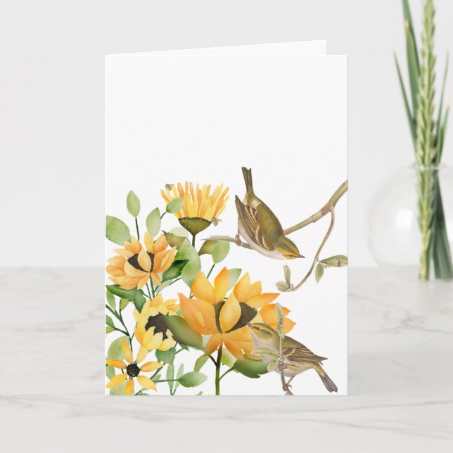 Little Yellow Wrens with Sunflower Stems Card (Front)