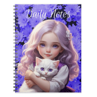 LittleGirl White Kitten Purple Flowers Notebook
