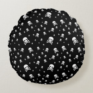 Littles White Pirates Skulls on Black Background Round Cushion
