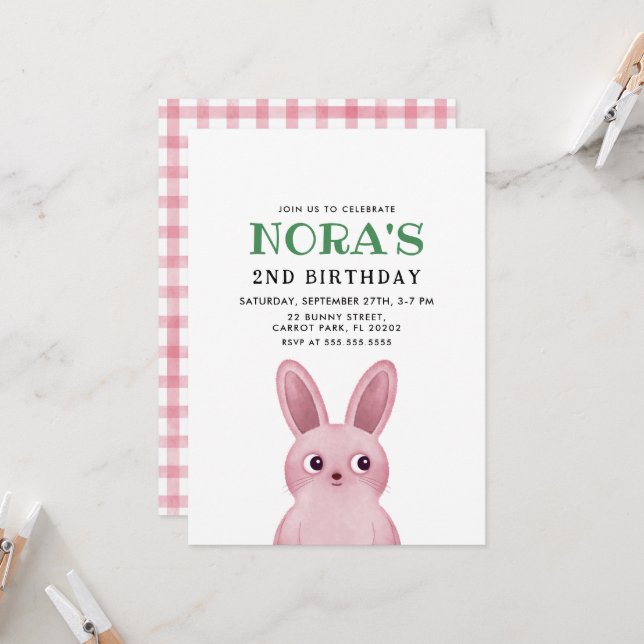 Litttle girl’s birthday party with pink bunny  invitation (Front/Back In Situ)