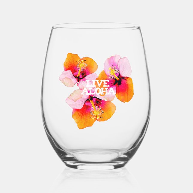 Live Aloha Hibiscus Floral Tropical Flowers Hawaii Stemless Wine Glass (Front)