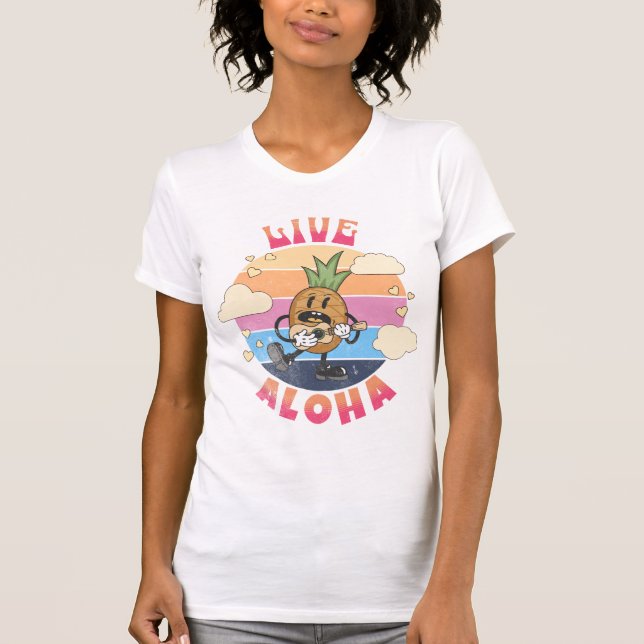 Live Aloha Kawaii Pineapple playing ukulele  T-Shirt (Front)