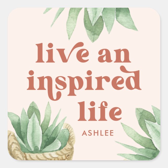 Live and Inspired Life Terracotta Succulent Square Sticker (Front)