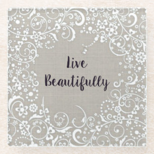 Live Beautifully Grey Linen-Look Vintage Glass Coaster