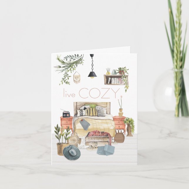 Live Cozy Hygge Homely Bedroom Scene White Card (Front)