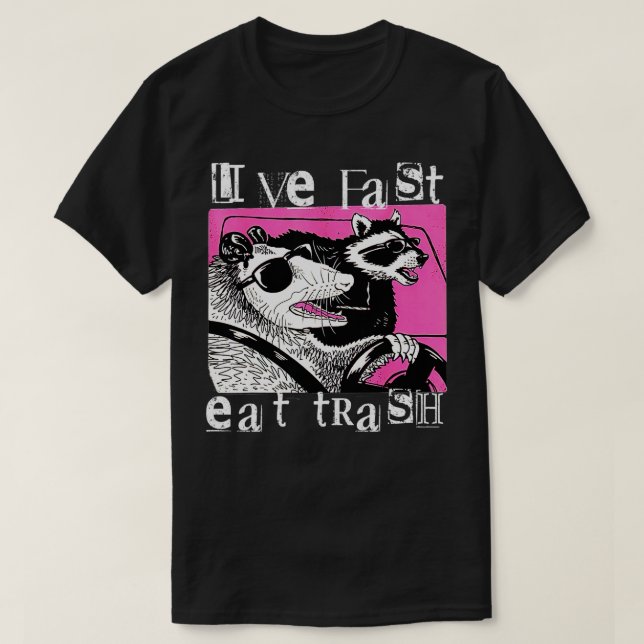 Live Fast Eat Trash  Funny Possum Racoon Retro Sun T-Shirt (Design Front)