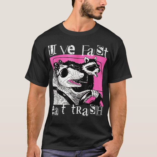 Live Fast Eat Trash Tee Funny Possum Racoon Retro  (Front)