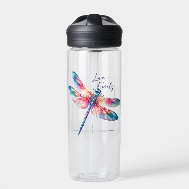 Live Freely - Artistic Dragonfly Water Bottle (Front)