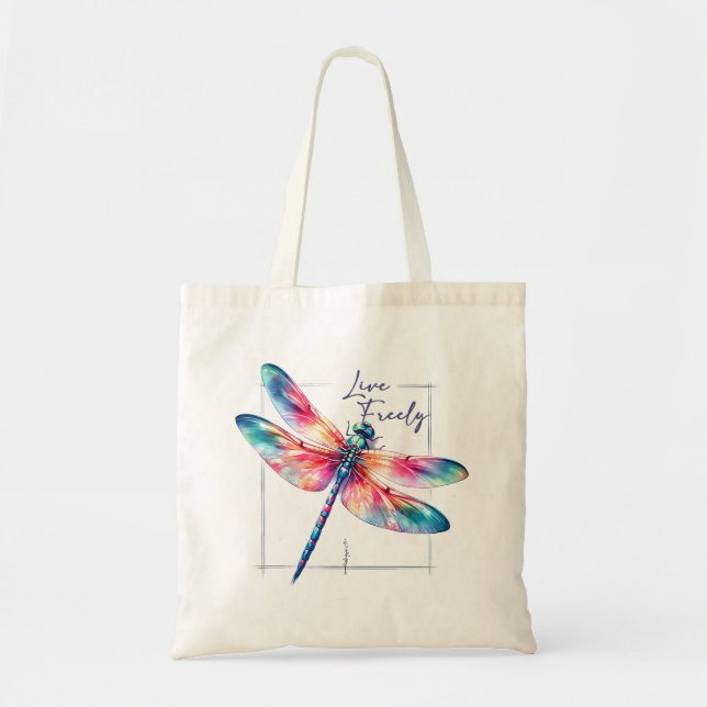 Live Freely - Dragonfly Colourful Inspirational Tote Bag (Front)