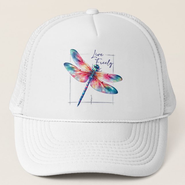 Live Freely - Dragonfly Colourful Inspirational Trucker Hat (Front)