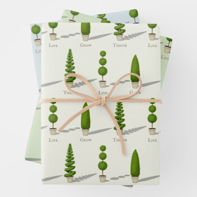 "Live Grow Thrive" Customisable Cypress Topiaries Wrapping Paper Sheet (In situ)