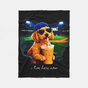 Live here goldendoodle funny dog baseball fan meme fleece blanket