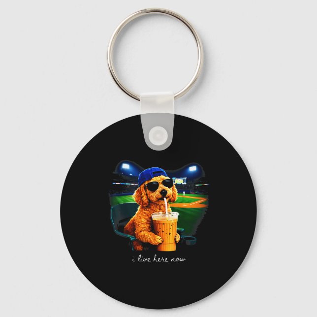 Live here goldendoodle funny dog baseball fan meme key ring (Front)