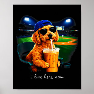 Live here goldendoodle funny dog baseball fan meme poster