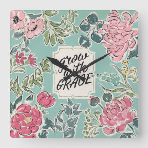 Live in Bloom   Grow With Grace Square Wall Clock