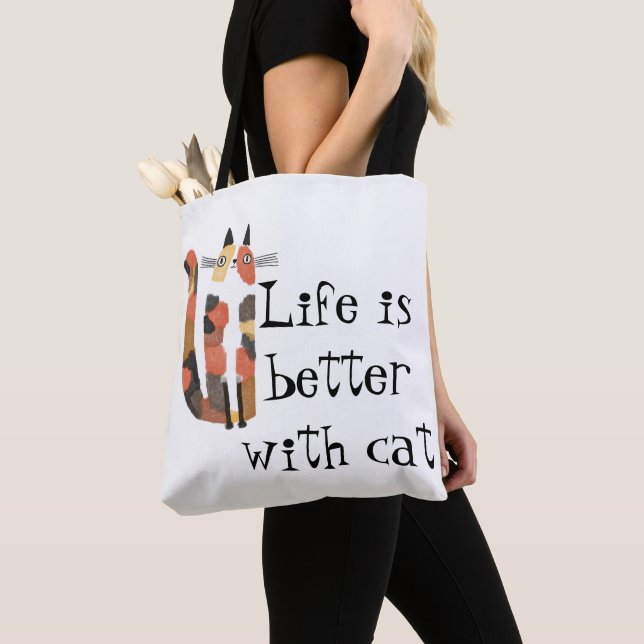 “Live Is Better With Cats” Tote Bag – Cat Lover  (Close Up)