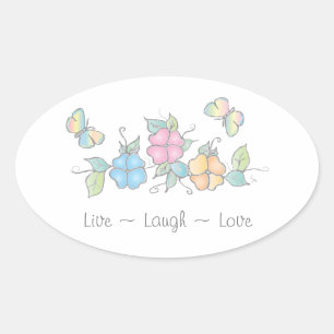 Live Laugh Butterfly Floral Watercolor Oval Sticker