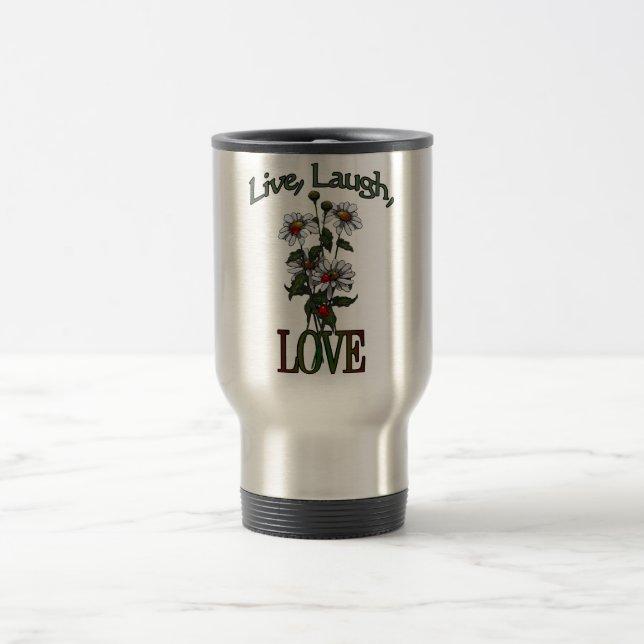 Live, Laugh, LOVE, Daisies and Ladybugs Travel Mug (Center)