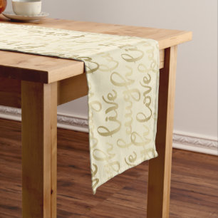 Live Laugh Love Faux Gold Lettering Light Beige Short Table Runner