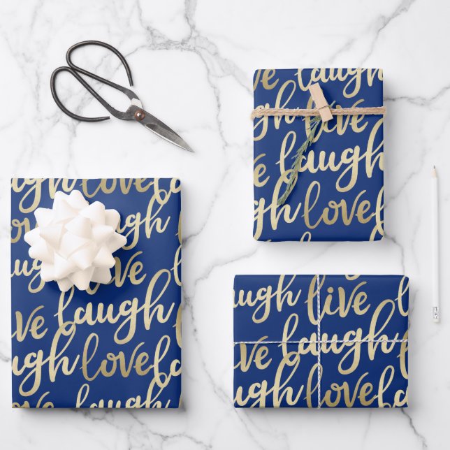 Live Laugh Love Faux Gold Lettering Pattern Wrapping Paper Sheet (Front)