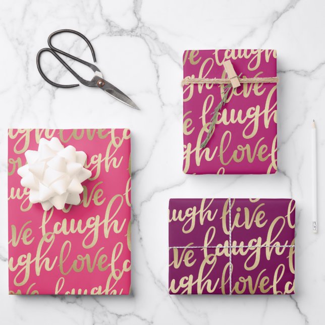 Live Laugh Love Faux Gold Lettering Pattern Wrapping Paper Sheet (Front)