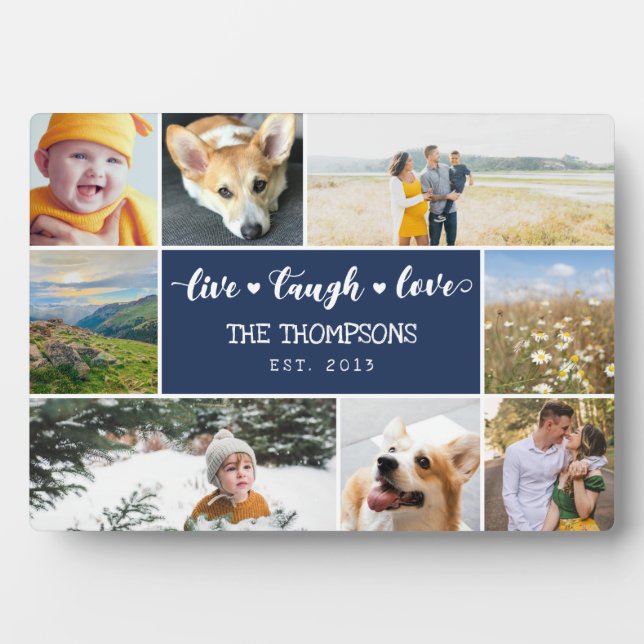 Live Laugh Love Navy Blue Photo Collage Plaque (Front)
