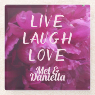 Live Laugh Love Purple Peony Floral Glass Coaster