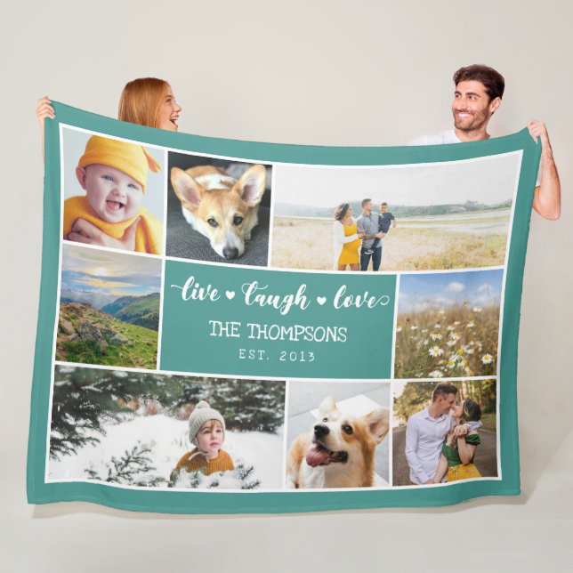 Live Laugh Love Teal Photo Collage Fleece Blanket (In Situ)