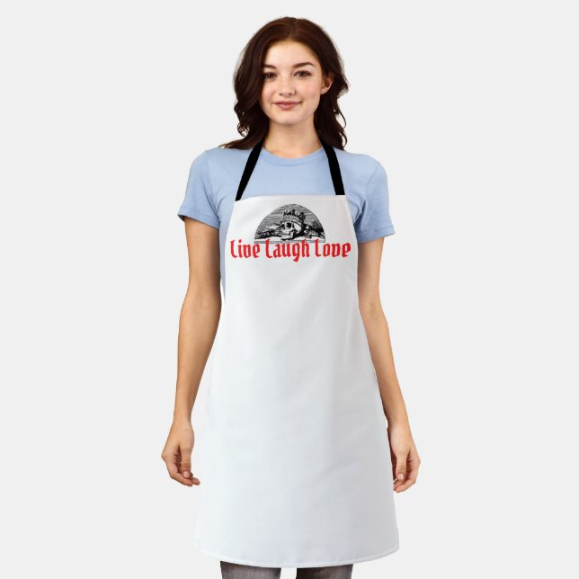 Live, Laugh, Love with Skull Funny Apron (Worn)