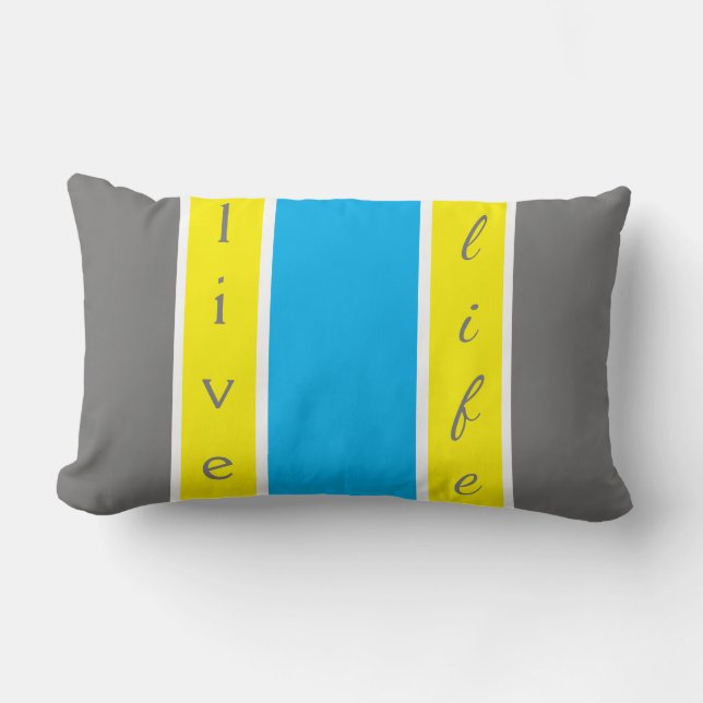 Live Life, Blue and Yellow Striped Lumbar Cushion (Front)