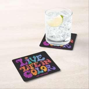 Live Life In Colour Retro 70s Psychedelic Personal Square Paper Coaster