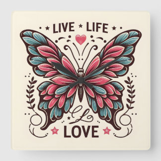 Live Life Love Square Butterfly Wall Clock