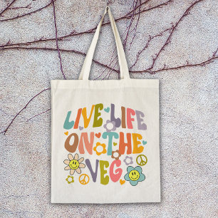 Live Life on the Veg, Trendy Flowers Retro Vegan Tote Bag