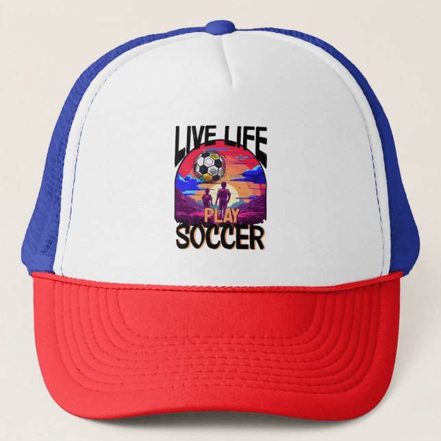 Live Life Play Soccer, Retro Football Ball Player Trucker Hat (Front)