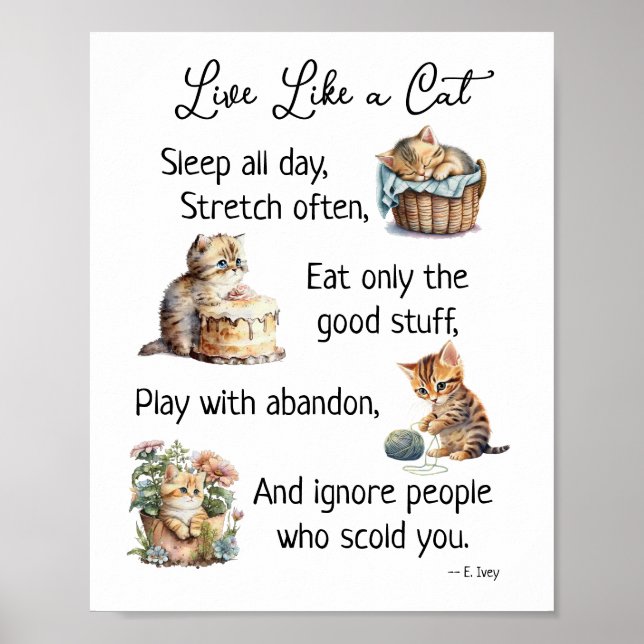 Live Like a Cat Watercolor Art Wall Hanging Poster (Front)