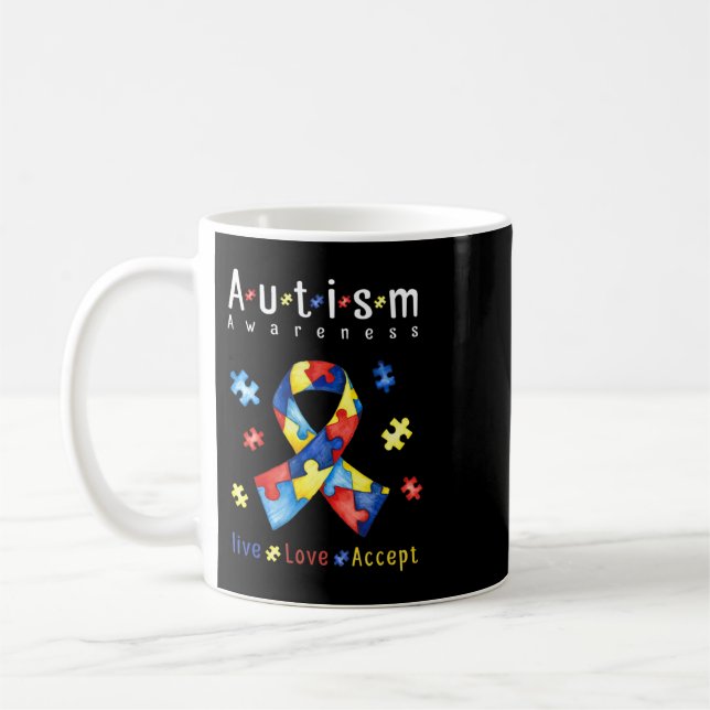 Live, Love, Accept, Autism Awareness, Funny Autism Coffee Mug (Left)