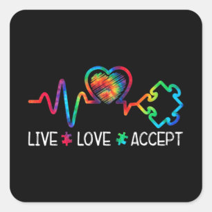 Live Love Accept Autism Awareness Heart Beat Mum D Square Sticker
